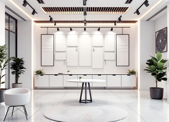 Modern office reception area with white furniture plants and a wall of white boards interior