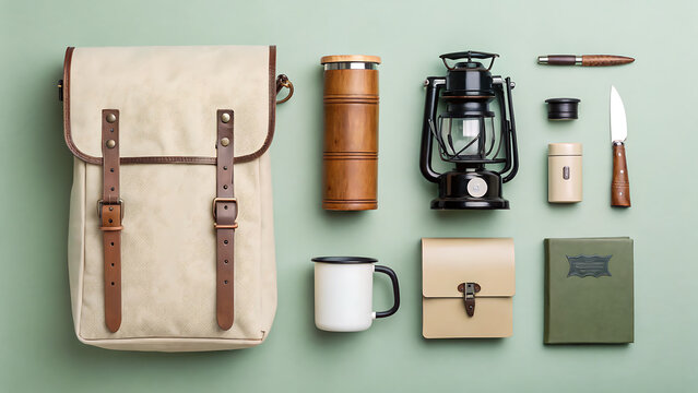 Vintage camping gear essentials laid out flat for outdoor adventure preparation - Powered by Adobe