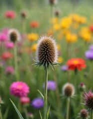 Close-up of prickly burdock seed head amidst vibrant wildflowers, swaying grasses. Detailed texture of plant stem, wild weed in natural green meadow setting, evoking rustic ecology, botanical beauty.