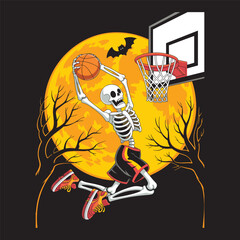 Halloween skeleton dribbling basketball in eerie moonlight with bats in the sky vector illustration.
