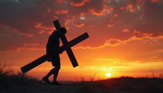 Silhouette of a man carrying a large wooden cross against a vibrant sunset sky. This powerful image symbolizes faith, sacrifice, redemption, and the Christian journey towards hope and strength.