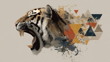 Roaring tiger head with geometric abstract design for artistic creation