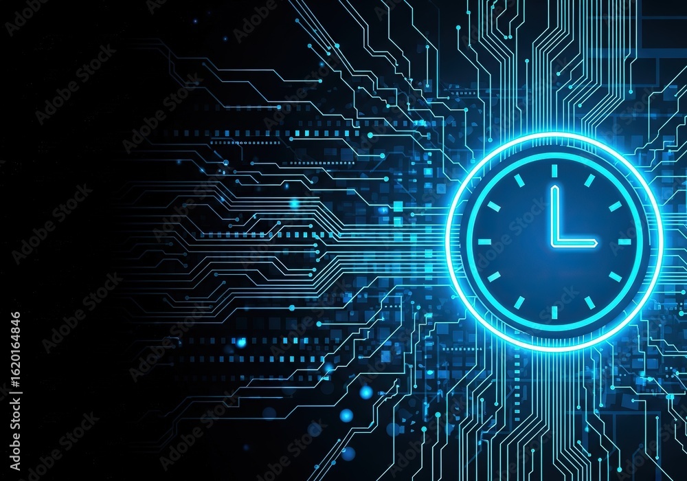 Aufkleber glowing blue neon clock face illuminated against a dark background of digital circuitry and data str