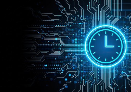 Glowing blue neon clock face illuminated against a dark background of digital circuitry and data streams