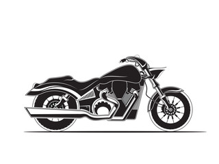 Black and white vector illustration of a custom chopper motorcycle in profile view. Stylish design ideal for biker themes, posters, or automotive projects.