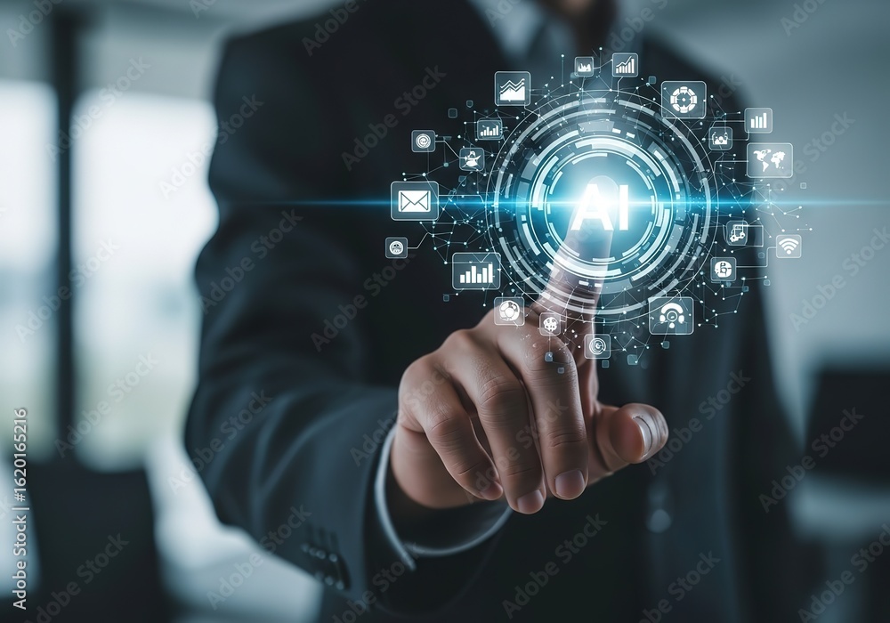 Poster businessman interacting with futuristic digital network interface displaying global connectivity and