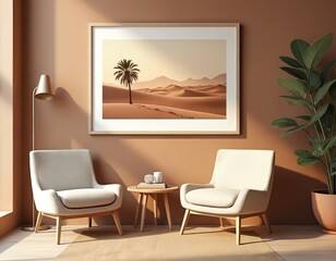 Fototapeta premium Minimalist desert interior features a sleek E-frame wall art with a serene palm tree landscape. Two plush armchairs sit beside a light wood side table with decor, bathed in warm sunlight.
