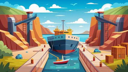 Vector art of a cargo ship navigates through a canal, flanked by industrial structures and surrounded by water, illustrating the movement of goods in global trade