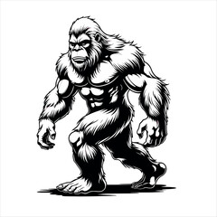 A Powerful and Muscular Bigfoot or Sasquatch Creature Walking Forward, Rendered in a Detailed Black and White Line Art Style, Isolated on a White Background
