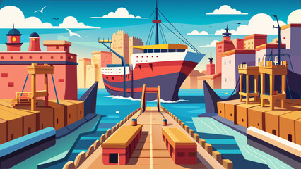 Fototapeta premium Vector art of a large cargo ship sails into a bustling harbor, with colorful buildings and docks lining the waterfront, under a bright blue sky with fluffy clouds
