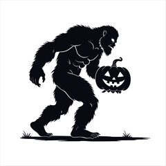 A Silhouette of Bigfoot Carrying a Carved  Pumpkin for Halloween or Autumn-Themed Designs and Illustrations