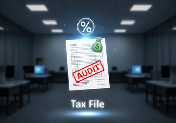 Abstract tax file with a glowing "Audit" stamp and a money bag, representing financial inspection, accounting, and compliance documents in a digital office setting.