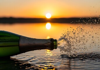 Champagne bottle celebration at sunset pouring into lake, sparkling liquid, golden hour
