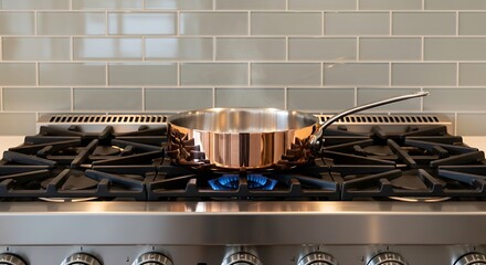 Gourmet culinary preparation with a copper saucepan heating on a modern stainless steel gas stove