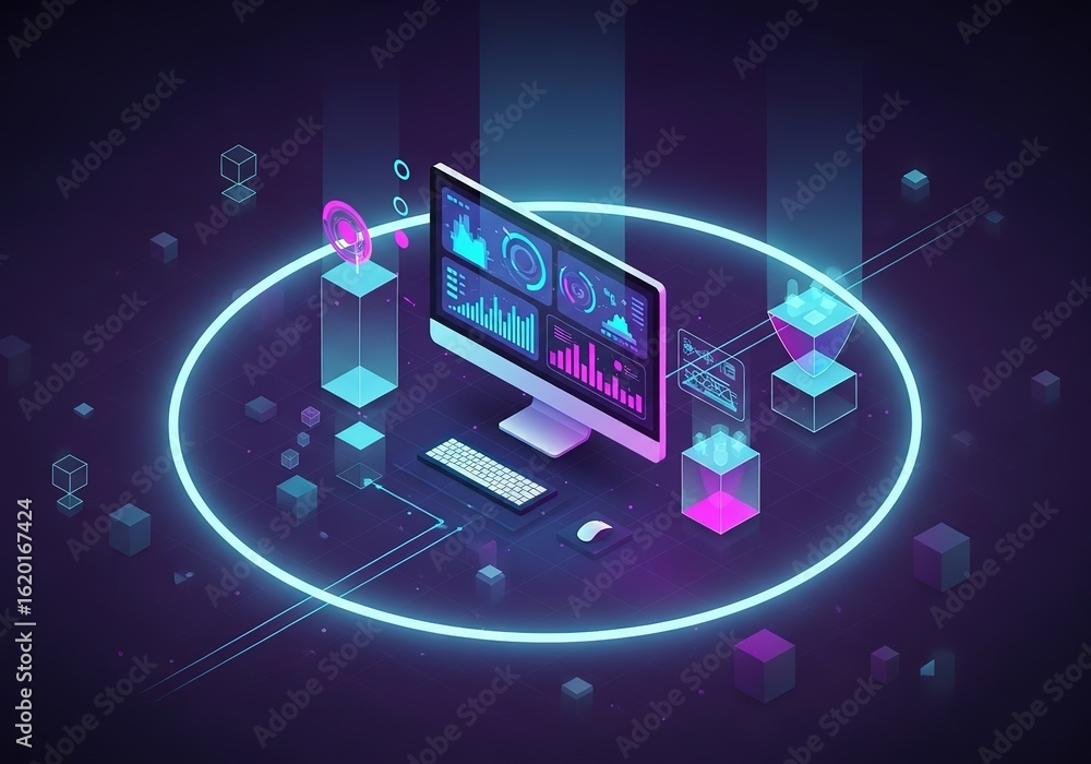 Poster futuristic digital data analysis and technology concept with neon blue circle and glowing abstract e