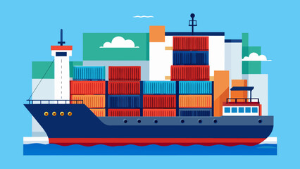 Obraz premium Vector art of an expansive container ship filled with stacked cargo containers moves across the ocean, illustrating the complex network of global trade and maritime transportation