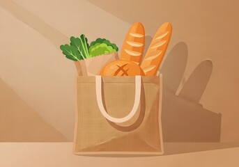 Baguettes and Groceries in a Shopping Bag Still Life