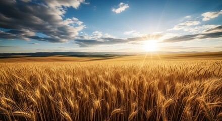 Golden Wheat Field Shimmers Under a Sunny Sky with Rolling Hills in the Distance