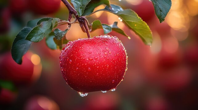 Red apple with water droplets on branch