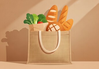 Eco Friendly Grocery Bag Full of Fresh Produce and Bread