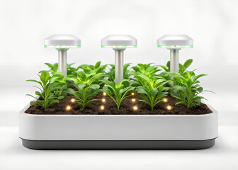 Small indoor garden with three modern LED grow lights and illuminated soil plants seedlings