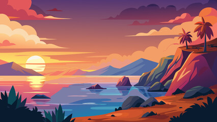 Vector art of colorful sunset over a serene ocean with rocky cliffs and palm trees, casting a warm glow on the tropical coastline