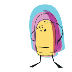 Minimalist cartoon character with a puzzled expression, standing with one hand on its head. Abstract, colorful background with overlapping shapes.