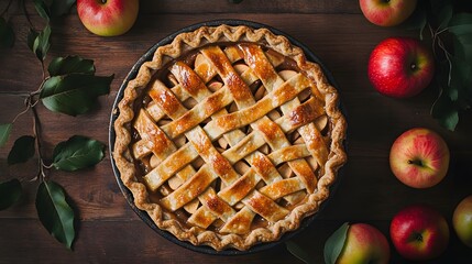 Top view. Apple cinnamon pie on a wooden table, apples on the sides of the pie