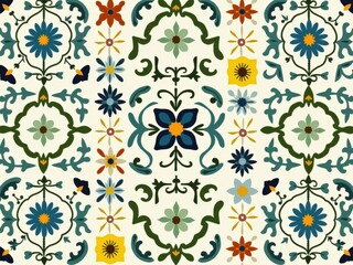 A detailed and colorful geometric tile background with floral elements. Ornamental design with blue, teal, and yellow, reflecting traditional Moroccan and Turkish ceramic art
