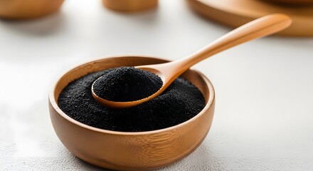 Black Seeds in Wooden Bowl with Spoon Close Up