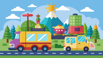 Vector art of a colorful cartoon illustration of various vehicles like cars and buses on a road with mountains, trees, and buildings in the background under a sunny sky
