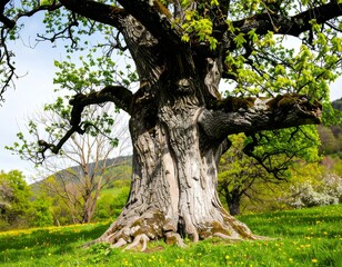 Ancient tree in a vibrant meadow