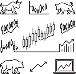 Fototapeta premium Stock, market, icon, set, trading, finance, line, art, vector, black, white, isolated, illustration, design, bull, bear, chart