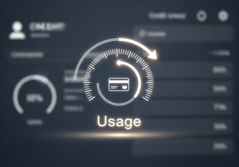 Credit card usage and financial data analysis illustration with a revolving gauge and modern dashboard for professional money management.