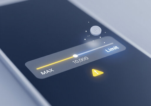 Financial transaction limit and control illustration on a smartphone, showing a slider for setting a maximum amount to manage personal digital banking.