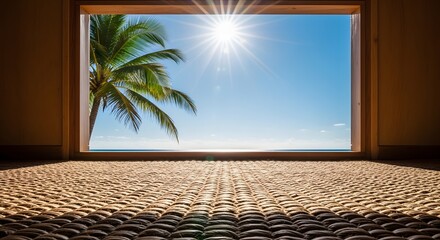 Tranquil Paradise View of Ocean and Palm Tree from Woven Mat Floor