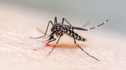 Aedes albopictus Mosquitoes Sucking Blood: Macro Shot of White-Striped Mosquitoes Feeding, Scientific Detail – For Public Health Education, Disease Prevention & Entomology Materials