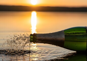 Champagne Bottle Bubbles into Water at Sunset Celebration