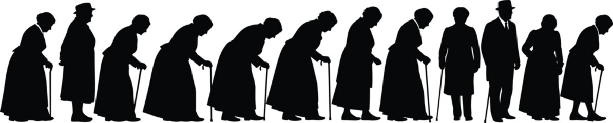 
Silhouette of elderly people walking with canes, aging process concept, senior citizens, posture change, health decline, old age illustration