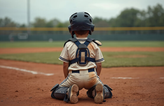 Young baseball catcher in uniform and protective gear crouches on dirt field, waiting for game resumption under cloudy sky. Shows determination and focus amid athletic competition. - Powered by Adobe