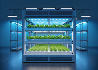Vertical hydroponic farm with rows of green plants under blue LED lights hydroponics