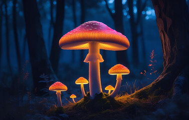 Fototapeta premium Glowing Mushroom in Enchanted Forest at Night