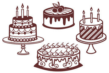 Set of hand-drawn cake illustrations. Festive dessert icons for birthday celebrations, bakery menus, and party invitations. Vector line art concept.
