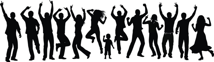 Silhouette of happy people dancing, jumping, celebrating together, diverse group party, black figures isolated, energetic movement, joyful crowd, freedom expression
