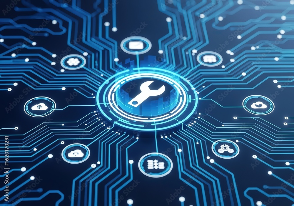 Poster digital circuit board with central wrench icon surrounded by technology service icons representing i