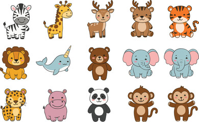 Cute cartoon jungle animals, flat vector illustration, wild zoo characters, baby animal clipart, colorful children drawing, adorable wildlife set