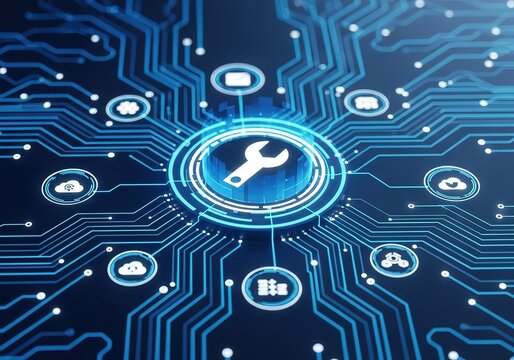Digital circuit board with central wrench icon surrounded by technology service icons representing it support and maintenance
