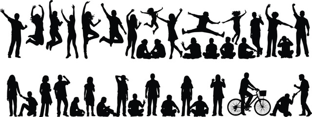 Silhouettes of children, teens, and adults in motion, jumping, sitting, biking, interacting, expressing emotions and daily human activity