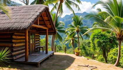 Wooden hut nestled in a lush tropical garden, overlooking mountains.