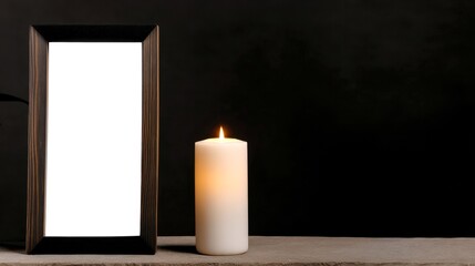 Funeral frame and white candle as symbols of remembrance and mourning